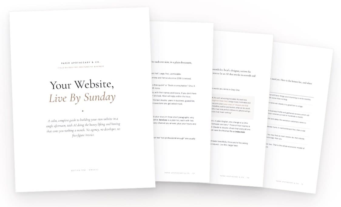 Your Website, Live By Sunday, the guide shown with its pages fanned behind the cover