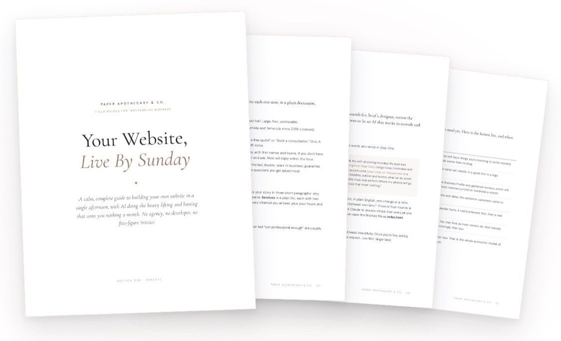 The cover of Your Website, Live By Sunday with three interior pages fanned behind it: the homepage formula, the build prompt, and the what-to-skip list.
